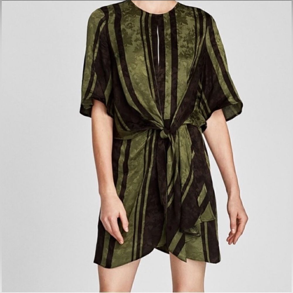 Zara black and green satin tie knot dress